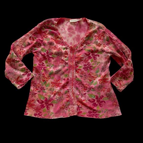 St. John's Bay Tops - Y2K Boho Fairy Womens Pink Tie Dye Floral Lace Trim 3/4 Sleeve Cotton Top Medium